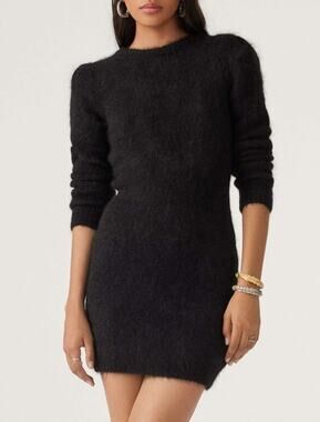 Ba&sh Tunia Alpaca Open Back Mini Dress Womens L Black Fuzzy Knit LBD Cocktail
